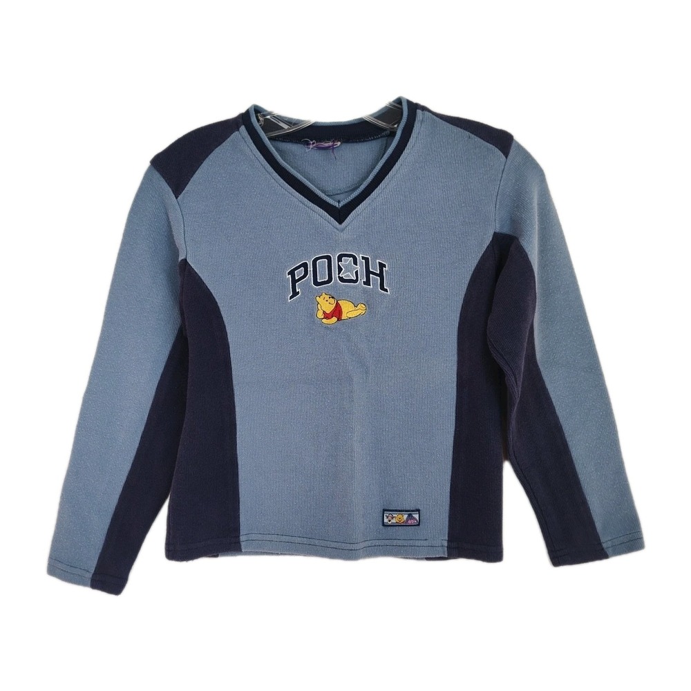 VTG Winnie The Pooh Sweater Youth Size 8‎ Blue Embroidered V-Neck Long Sleeves